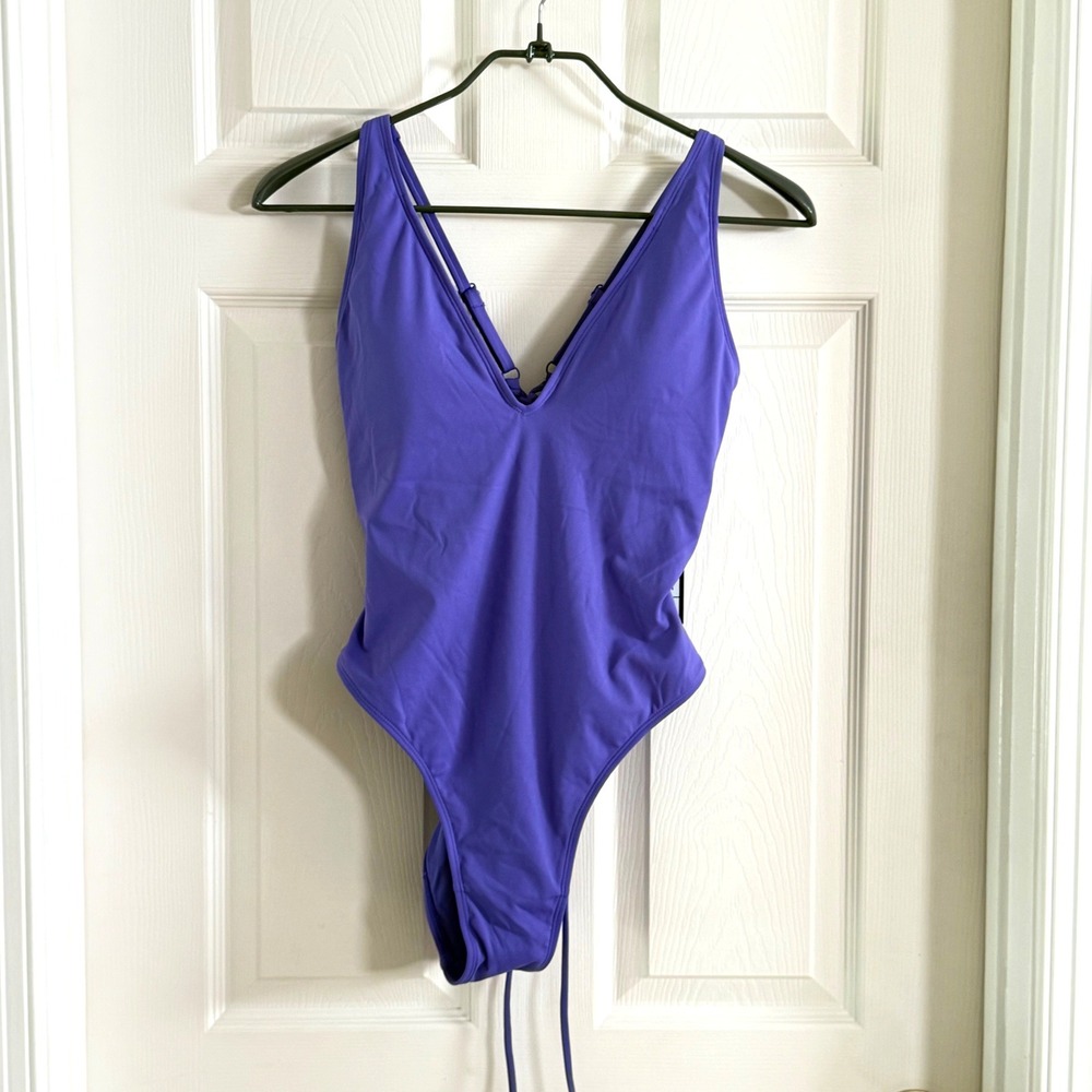 TA3 Hi Cut Plungey One Piece Swimsuit Purple Lace Up Back Size L Short